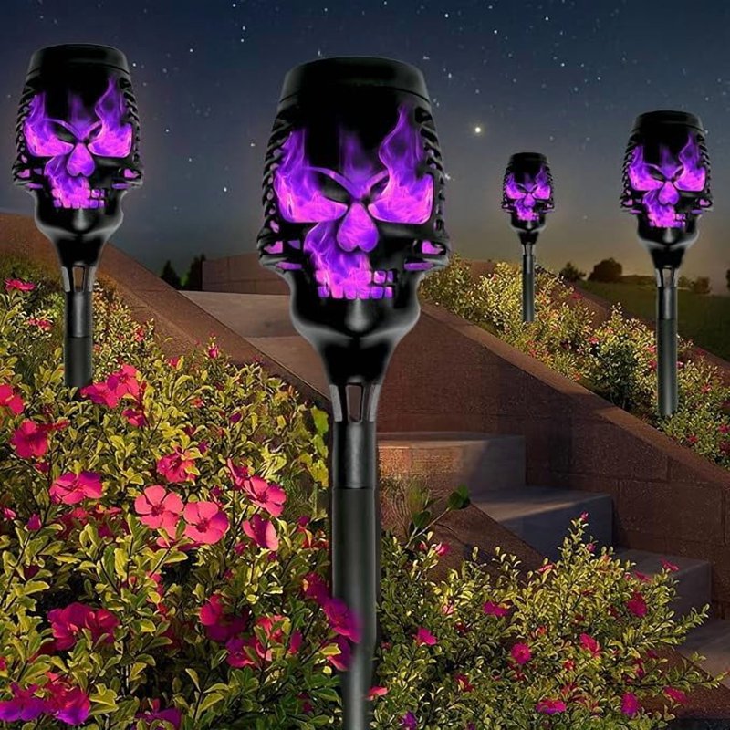 12-Piece Halloween Solar Skull Pathway Lights - Purple Outdoor Stake Decor