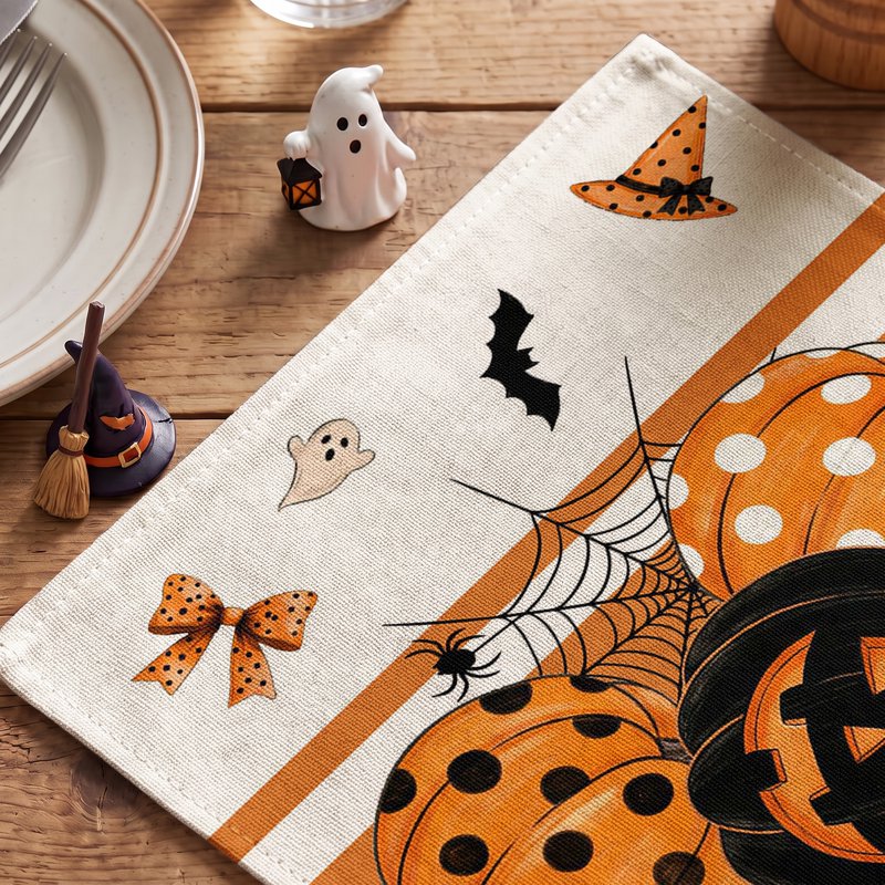 Halloween Placemats Set of 4 - Orange Pumpkin Ghost Bat Spider Web 12x18 C