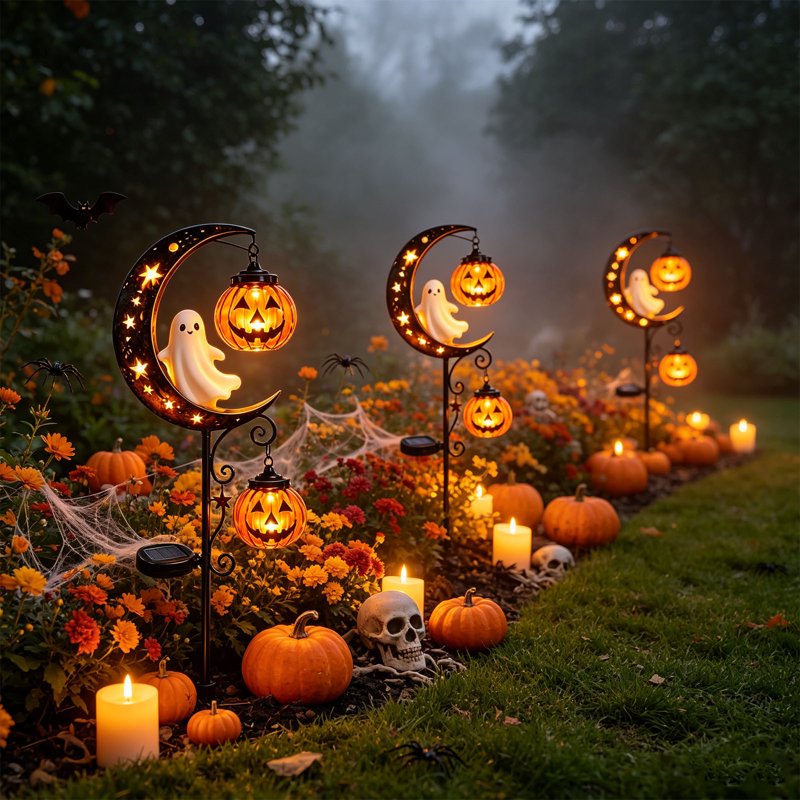 Solar Halloween Ghost & Moon Garden Stake Lights H - Waterproof Outdoor LED Lanterns