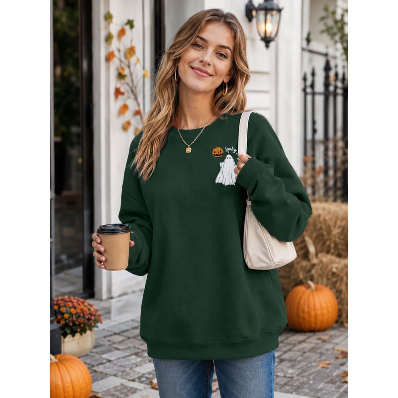 Dark Green Halloween Sweatshirt Women Spooky Season Ghost Pumpkin Pullover XXL