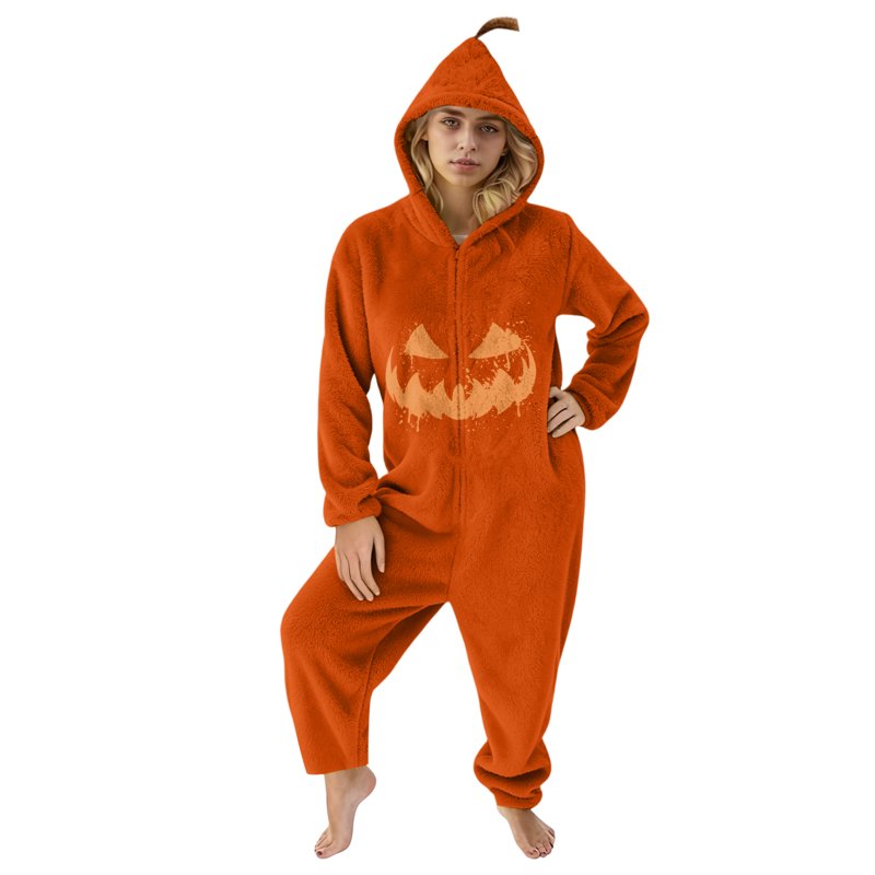 XL Pumpkin Costume Onesie for Adults - Jack-O-Lantern Fleece Pajama Halloween Wear