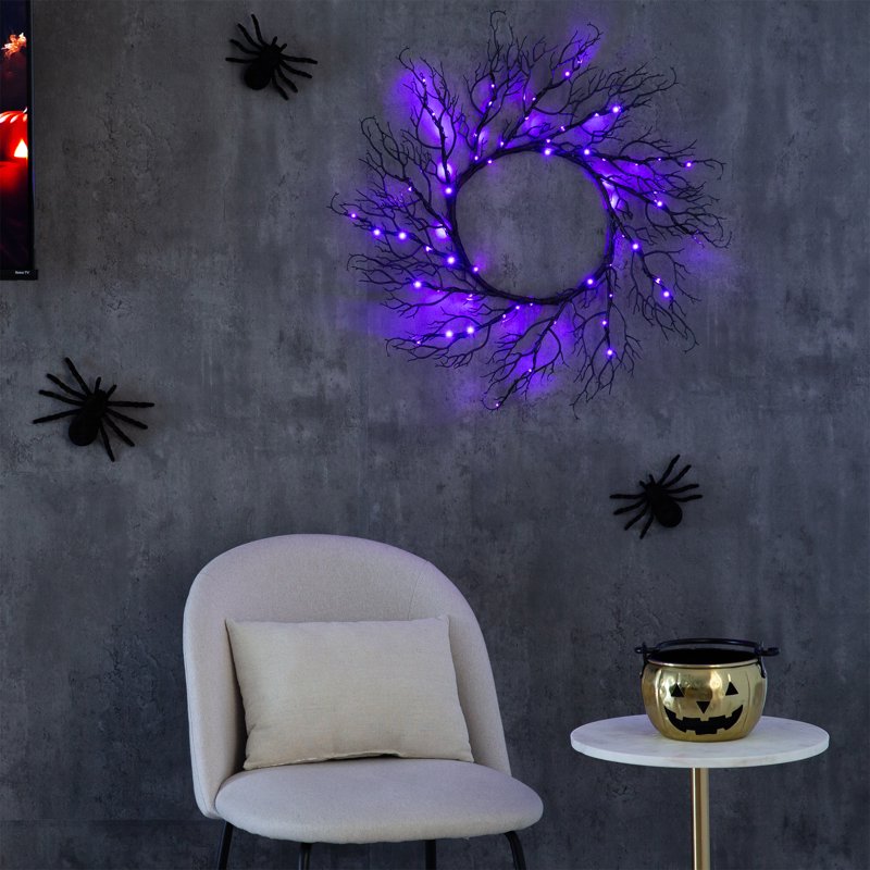 Pre-Lit Halloween Wreath with 60 Orange & Purple LED Lights - 23 Inch Black Fall Decor