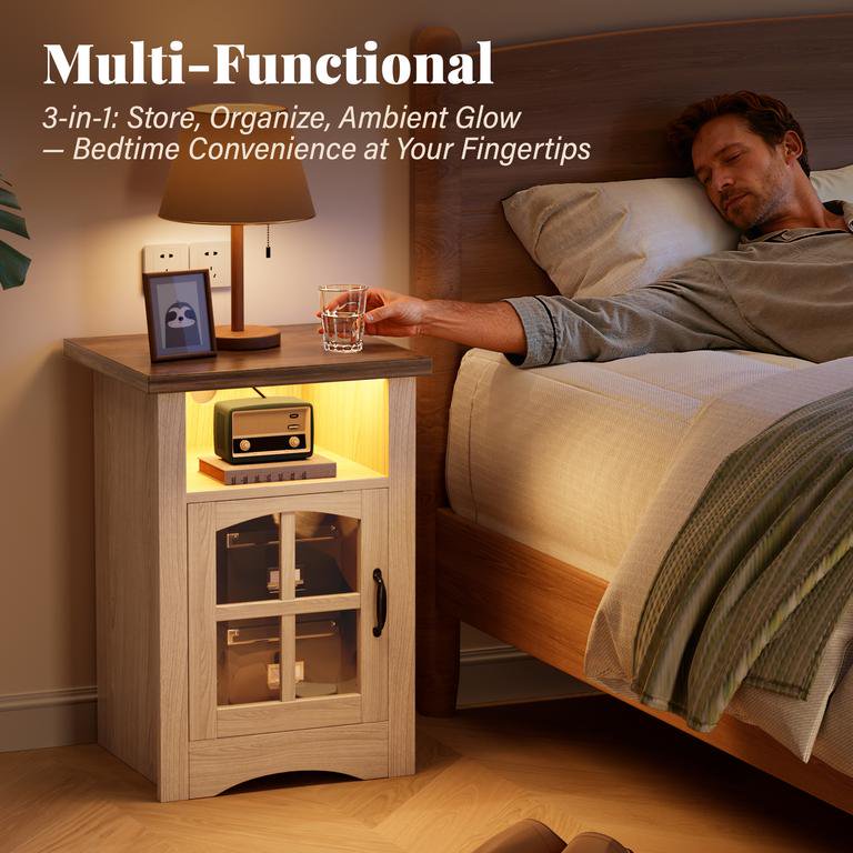 LED End Table Set of 2 with Power Outlet & Glass Door