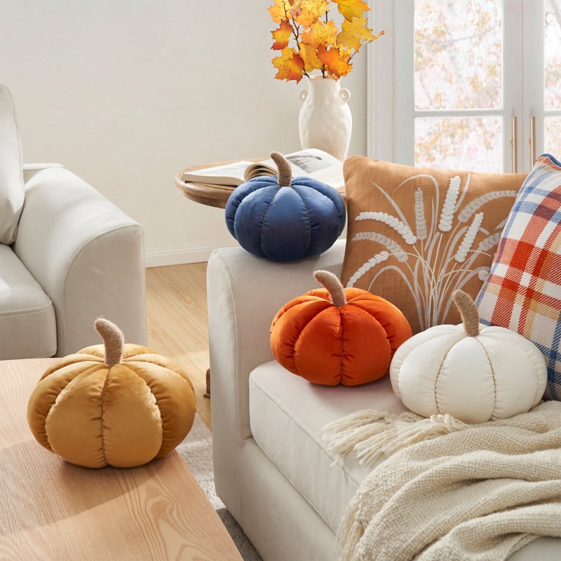 (2 Pack) Velvet Pumpkin Decorations - Yellow, Fall Seasonal Decor