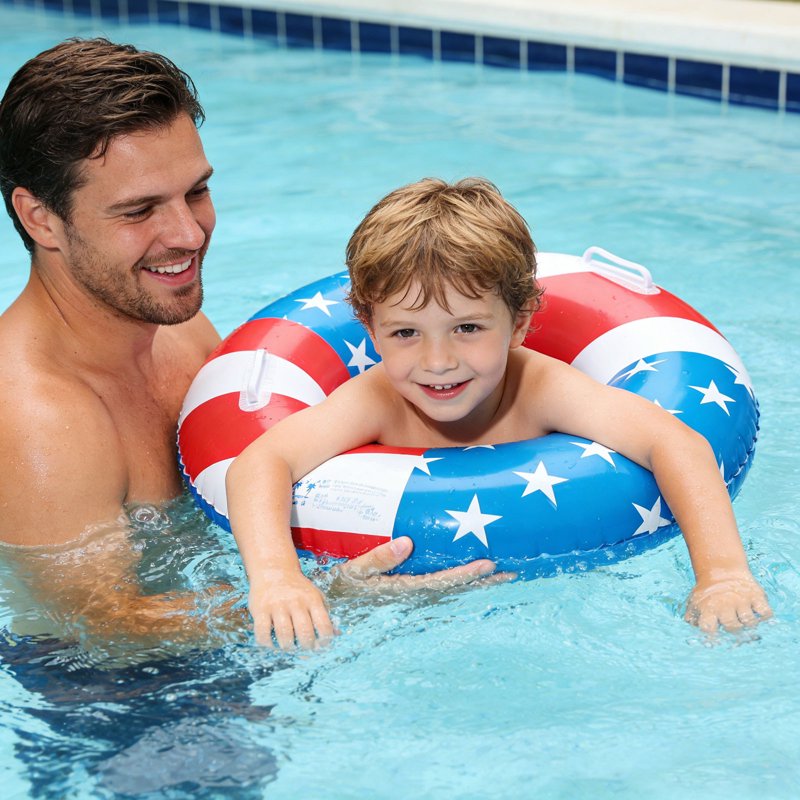 Patriotic USA Flag Pool Float with Handle - 24 Inch Swim Ring for Kids & Adults