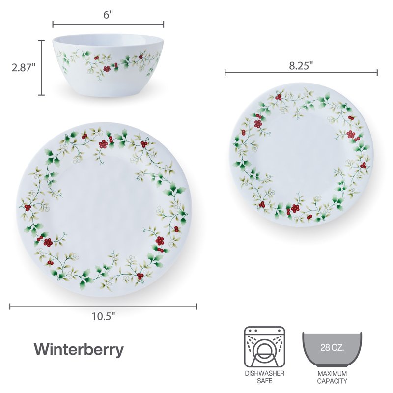 Winterberry Melamine 24-Piece Dinnerware Set - Festive Design