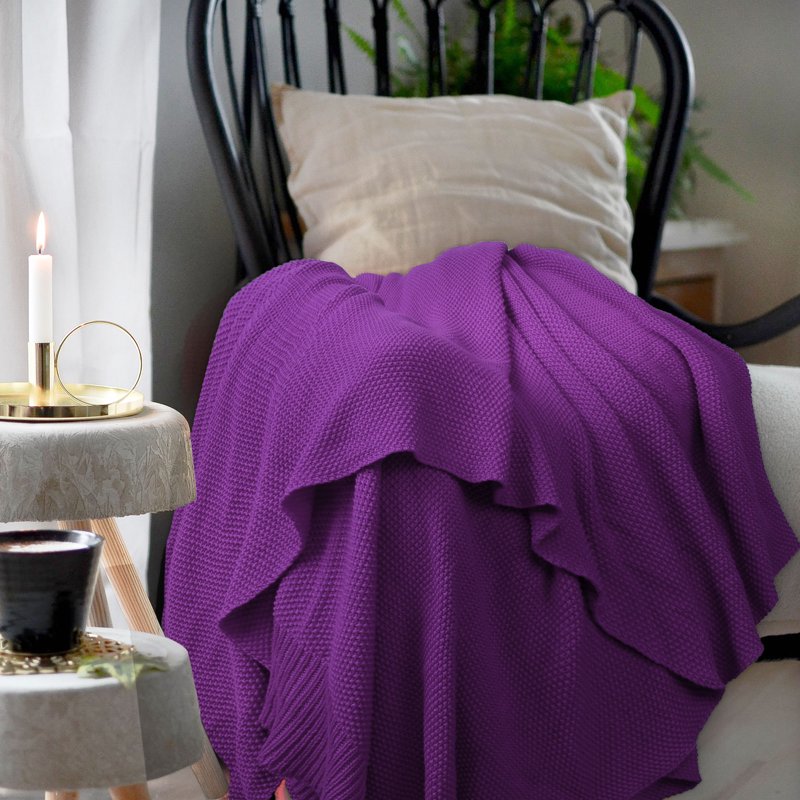 Pure Cotton Cable Knit Throw Blanket - 51x59 Inches, Purple