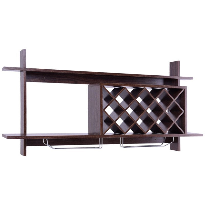 Wall Mount Wine Rack with Glass Holder & Storage Shelf - Black Walnut