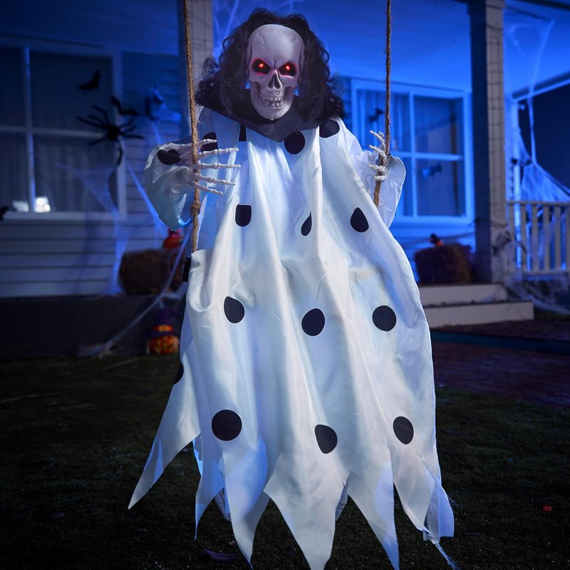 Halloween Hanging Skeleton Decor with Light-Up Eyes - White Ghost Skeleton - 36" Swinging Outdoor Prop