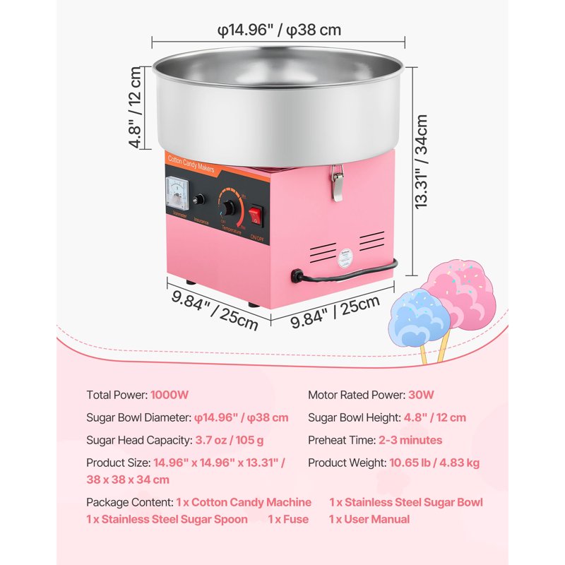 Electric Cotton Candy Machine - 1000W Floss Maker with 15-inch Bowl