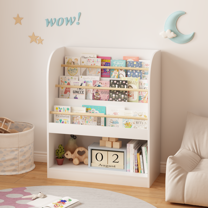 3-Tier Wooden Front-Facing Kids Bookshelf with Storage
