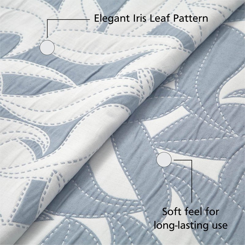Mainstays Iris Leaf Stitched Quilt - Full/Queen Light Blue Reversible Bedding Set