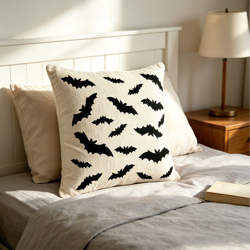 Halloween Ghost Throw Pillow Cover 18x18 Inch - White Plush Faux Fur Cushion Case with Halloween Embroidery - Variation H-B