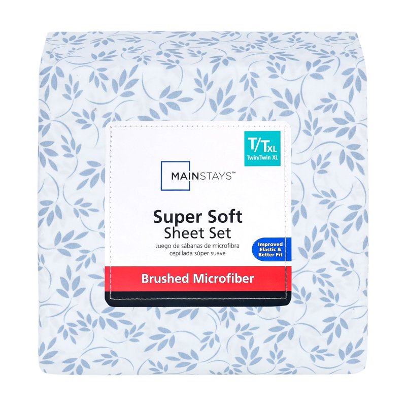 Mainstays Twin XL Microfiber Bed Sheet Set - Light Blue Leaves, 3 Piece