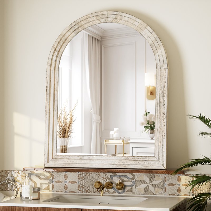 30x40 Arched Wooden Wall Mirror - White Framed Bathroom & Living Room Decor