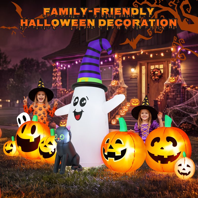 8 FT Halloween Inflatable Ghost with Witch Hat, 6 Pumpkins, Black Cat Yard Decor