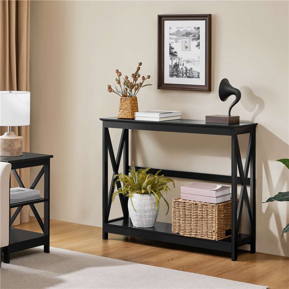 Console Table with Storage Shelf - Black Wood X-Design