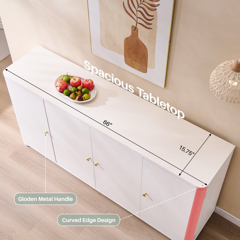 66" Curved White Kitchen Buffet Sideboard Cabinet - 4 Doors & Shelves