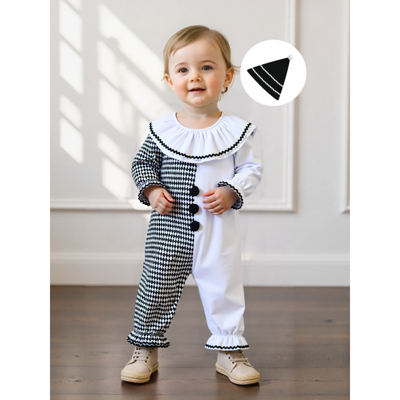 Kids Toddler Clown Costume Romper & Hat Set - White Black, 6-12 Months