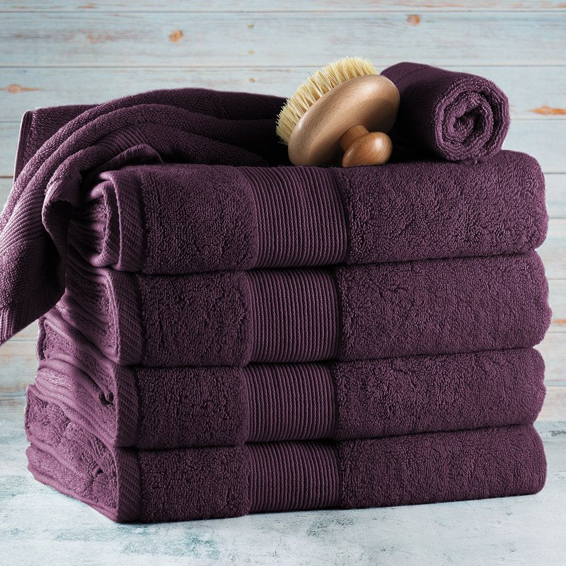 Bath Towels Set with Washcloths - 4 Purple Cotton Towels + 2 Washcloths - Soft & Absorbent
