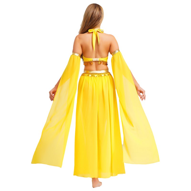 Women Belly Dance Costume Set - Chiffon Skirt & Crop Top with Sleeves - Yellow M