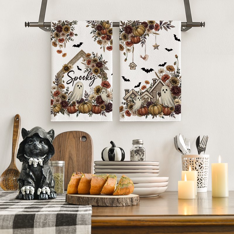 Ghost Pumpkin Eucalyptus Halloween Dish Towels Set of 2 - 18x26 Inch Seasonal Hand Towels