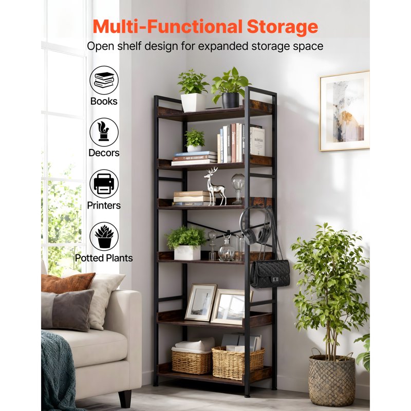 Industrial 6-Tier Bookshelf - Vintage Ladder Shelf, Rustic Brown
