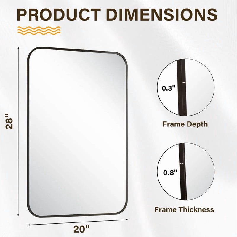 Bathroom Mirror Wall Mounted 28x20 Inch Rectangular with Rounded Corners - Black