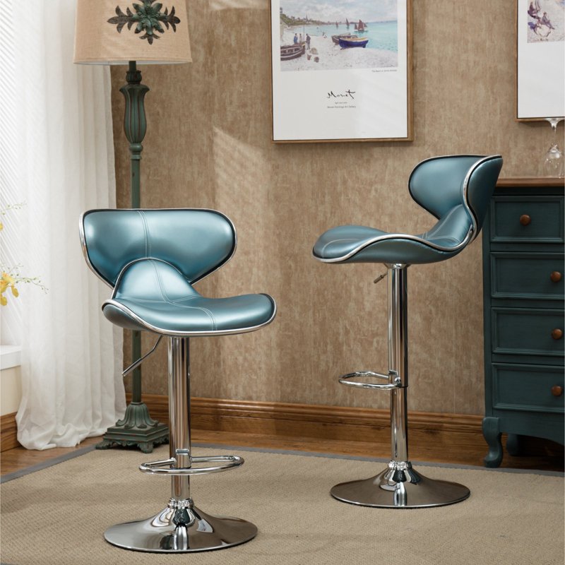 Adjustable Swivel Bar Stool Set of 2 - Cushioned Leatherette - Blue