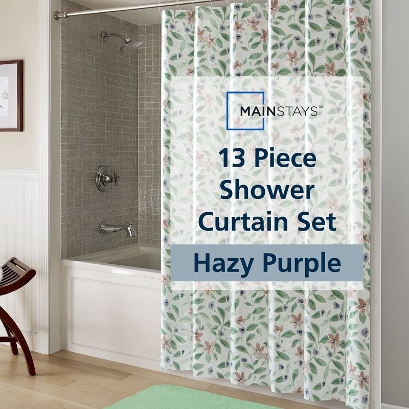 Mainstays Waterproof PEVA Shower Liner Set with 12 Metal Hooks - 70x72 Inches, Hazy Purple Floral