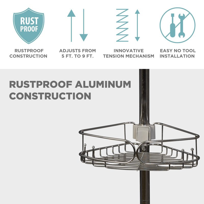 Rustproof Tension Pole Shower Caddy with 4 Adjustable Shelves - Stainless Steel, 60-108 Inches