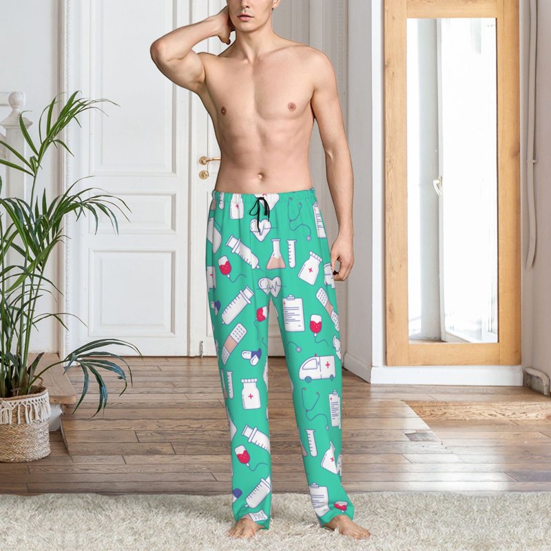 Men's Pajama Pants with Pockets - Ambulance Band Aid Pattern, Size M, Color 8
