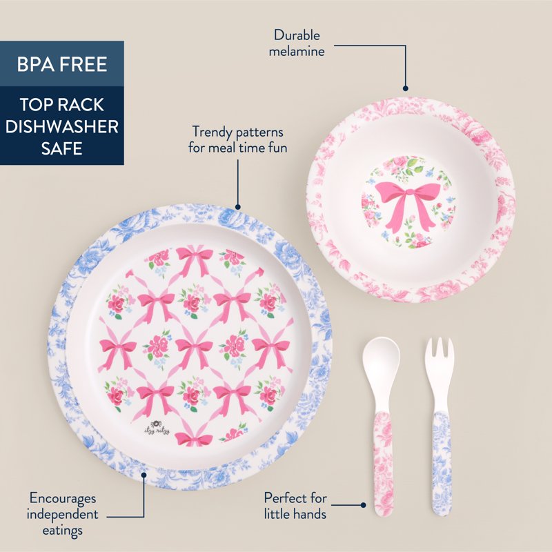 Kids Melamine Bistro Set - 4-Piece Ribbons & Roses Tableware