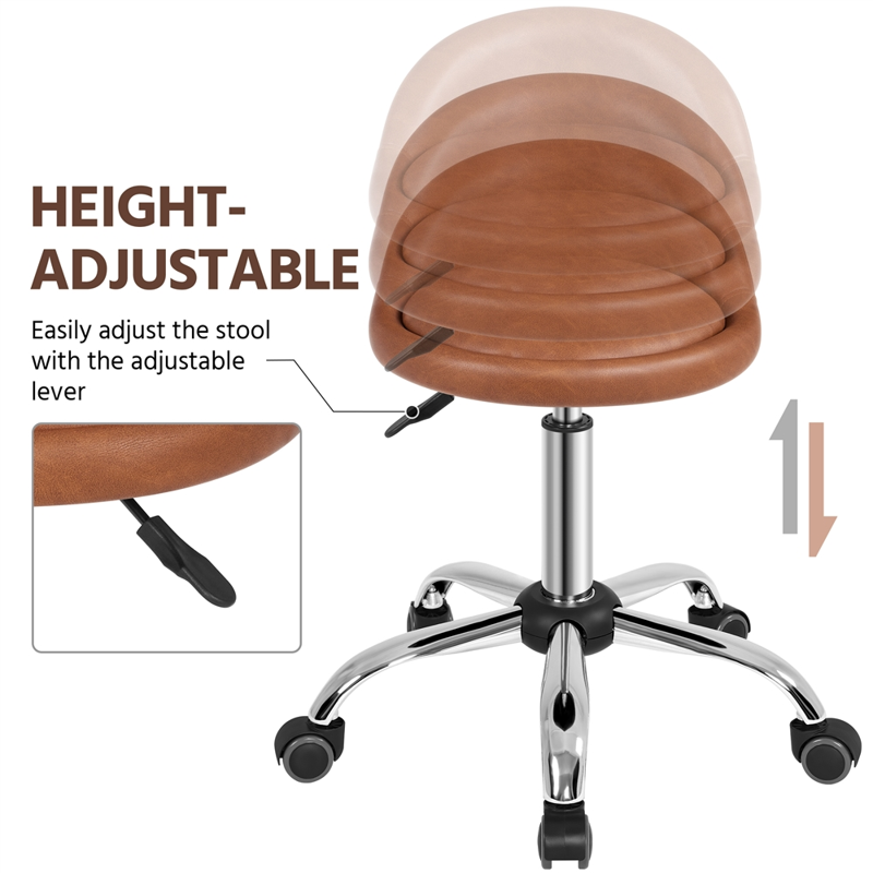 PU Leather Rolling Salon Stool with 360° Swivel - Brown