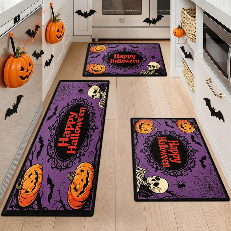 Halloween Pumpkin Lanterns & Flannel Floor Mat 2-Piece Set - Non-Slip Bathroom Entryway & Kitchen Rugs - Variation of THIS Listing