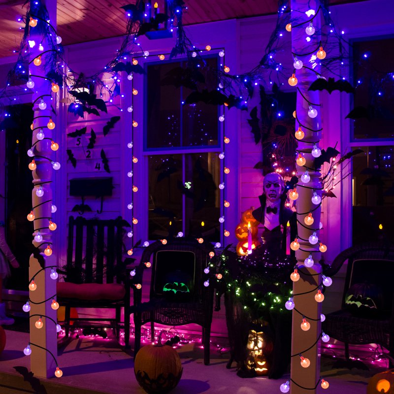 Solar Halloween String Lights Outdoor 35.6ft 60 LED Globe Lights - Orange & Purple, Waterproof, 8 Modes