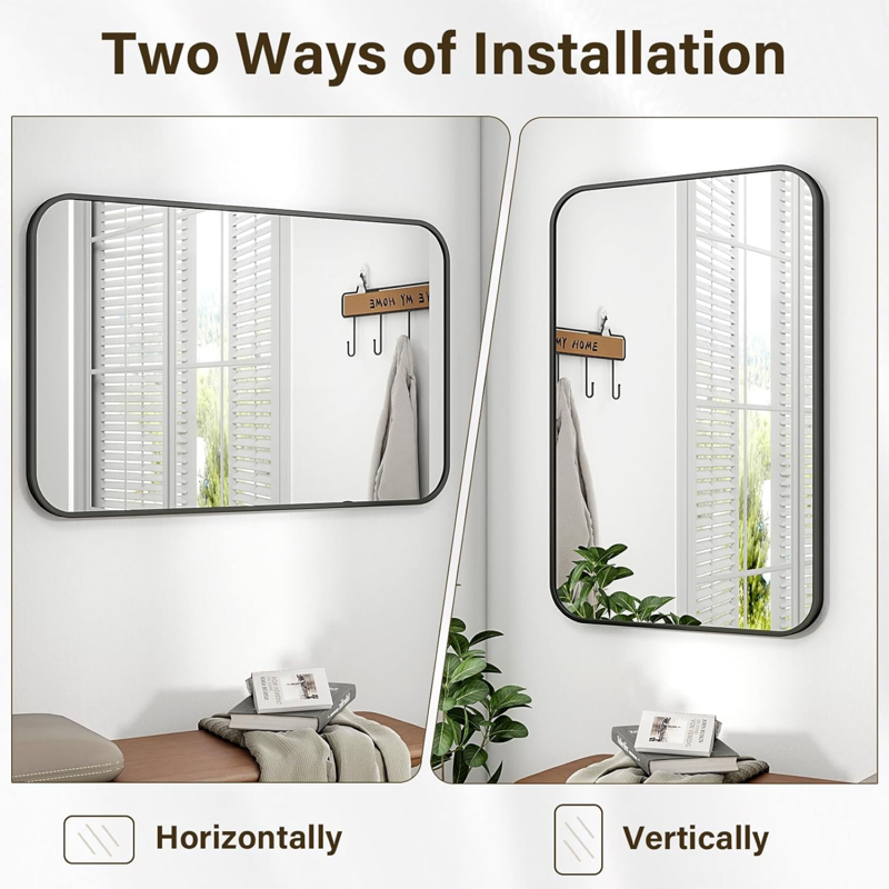Bathroom Mirror Wall-Mounted 24x36 Rectangular Frame Black - Versatile & Elegant