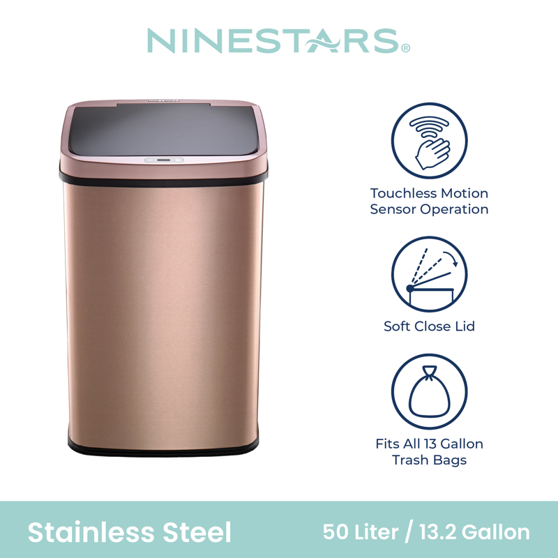 Automatic Kitchen Trash Can - 13.2 Gallon Rosegold Stainless Steel, Motion Sensor, Soft Close Lid