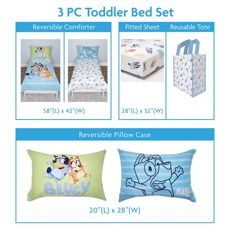 Bluey Toddler Bed Set with Tote Bag - Reversible Comforter & Sheets - Bluey