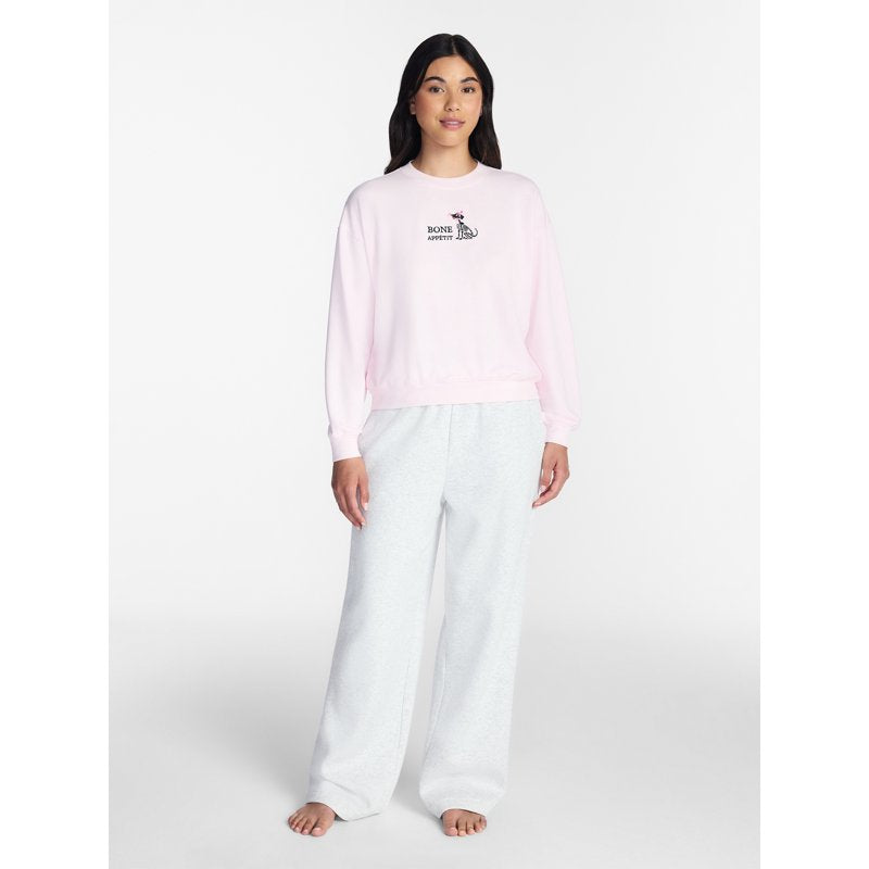 Pink M Halloween Fall Women's French Terry Lounge Sleep Top with Embroidery