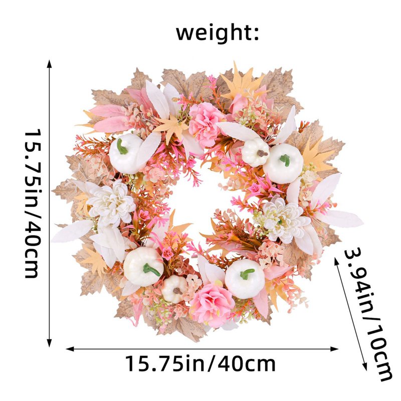 Fall Pumpkin Wreath for Front Door - Autumn Thanksgiving Halloween Decor, 15.75in