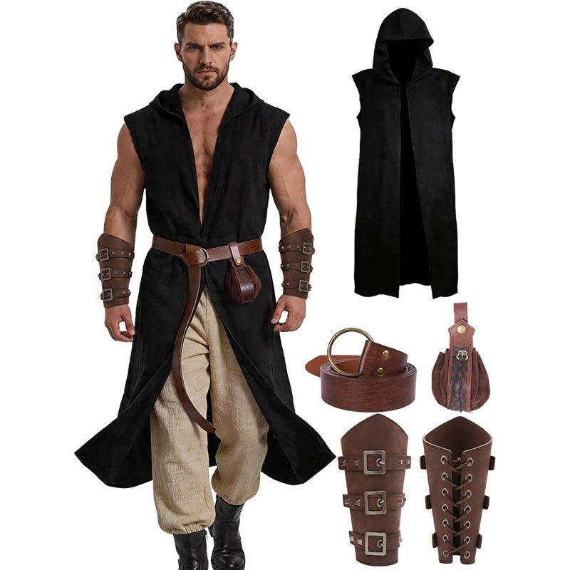 Men's Medieval Viking Costume Set Black 3XL - Hooded Cape Belt Bracers Halloween