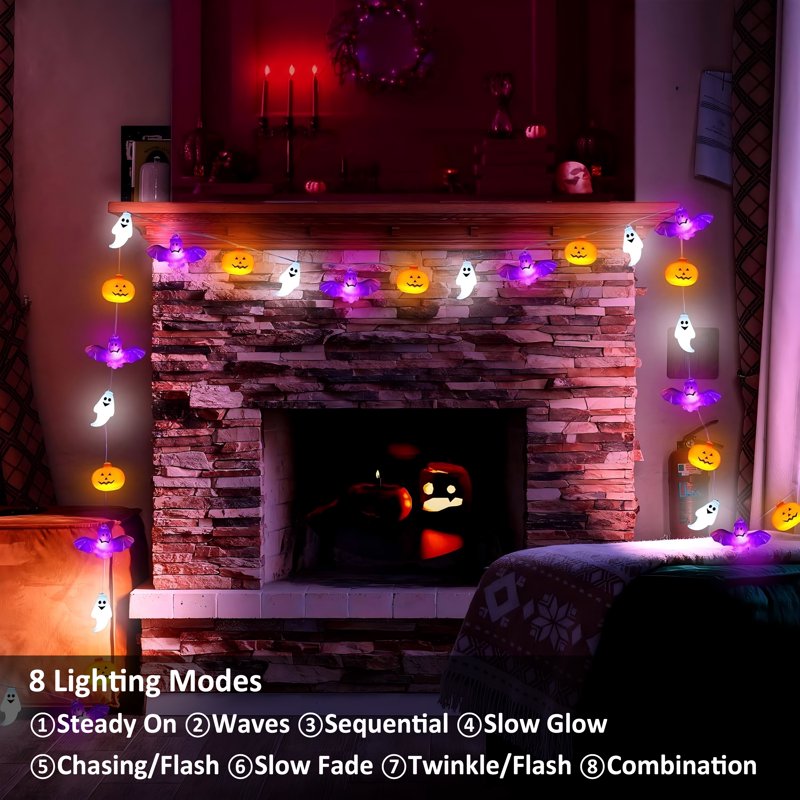 Halloween String Lights with Pumpkins & Bats - 10Ft, 20 LED, 8 Modes, Timer - Variation 1