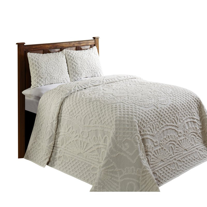 Queen Bedspread Set - Ivory 3-Piece Chenille Bedding Comforter & Shams