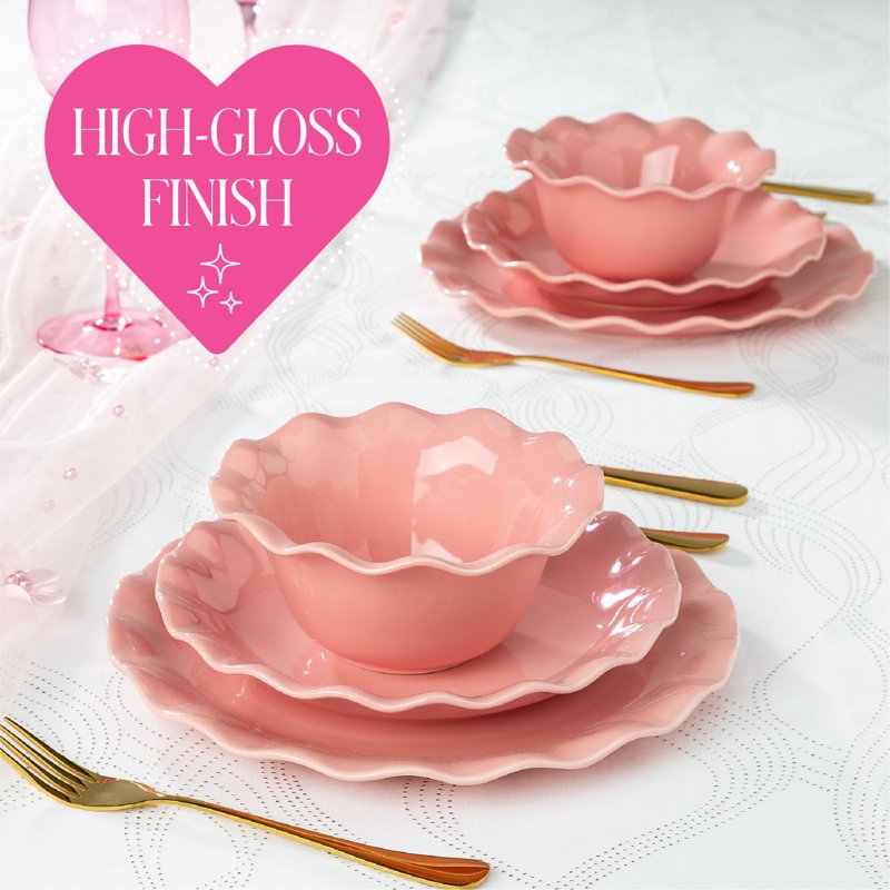 12-Piece Stoneware Dinnerware Set - Rose Pink Ruffle Rim