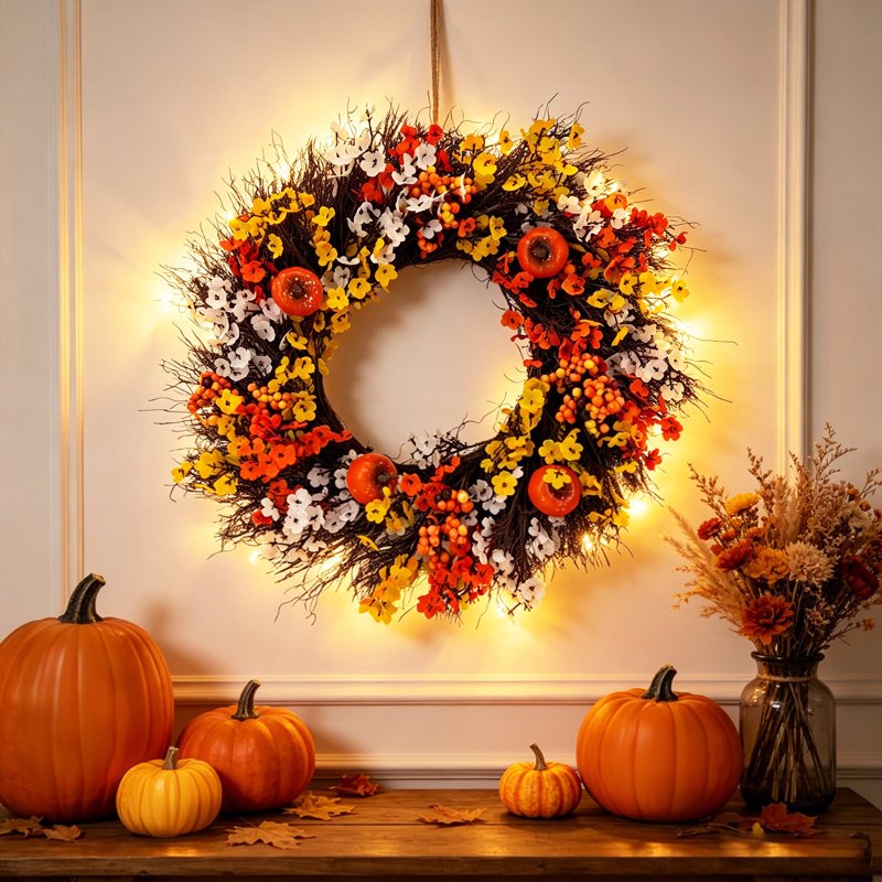 Fall Wreath for Front Door Halloween Thanksgiving Artificial Autumn Decor D-9