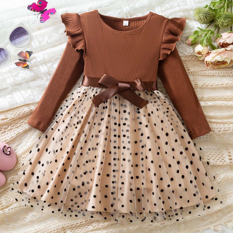 Girls Long Sleeve Ribbed Polka Dot Dress with Bow - Khaki 5-6 Years