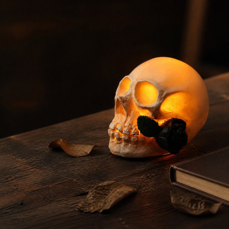 Halloween Skull Rose Lamp - Gothic Resin Nightlight with Warm Glow - Variation #359A