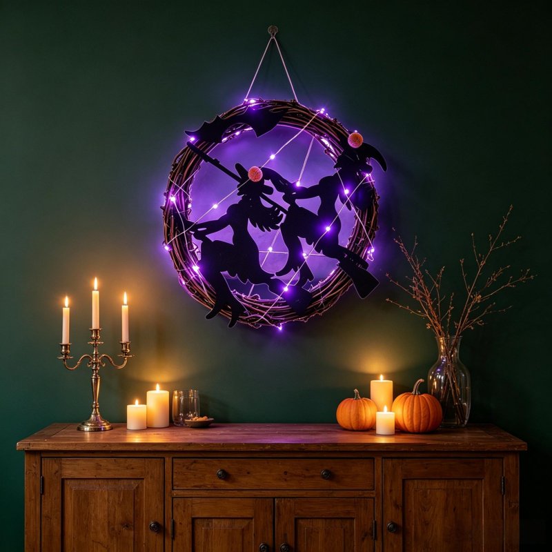 Halloween Wreath with Purple LED Witch & Bats - Gothic Front Door Decor - Variation of Witch & Wand
