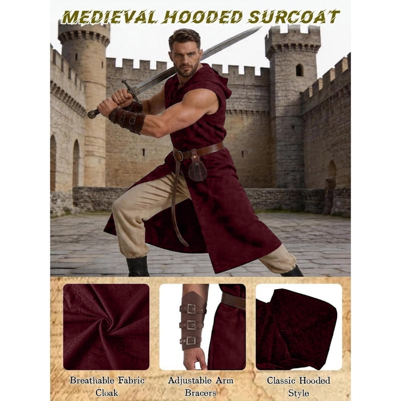 Men's Medieval Hooded Tunic Costume Set - Red, XXL Halloween Renaissance Outfit with Belt Pouch & Bracers